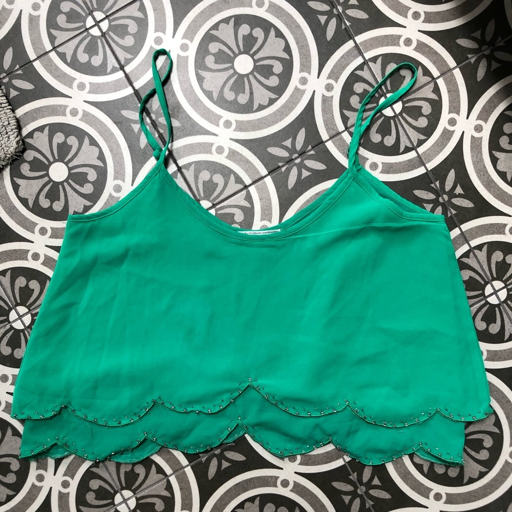 Green beaded scalloped trip crop top size S